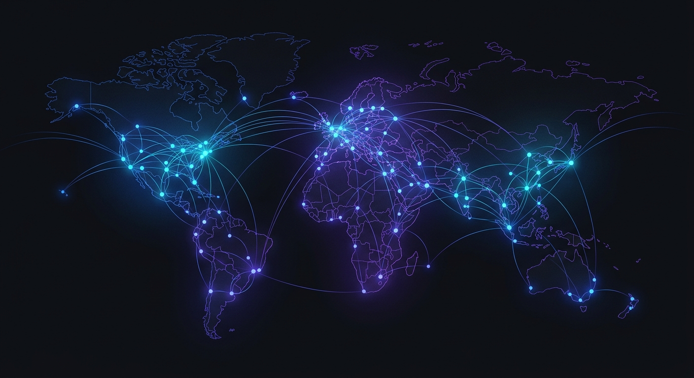 Constellation of glowing network nodes and connection arcs suggesting global email-delivery coverage.